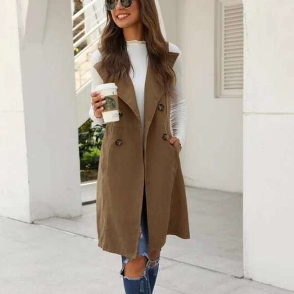 Double Breasted Pocket Side Vest Coat - Khaki Brown - Picture 4 of 6